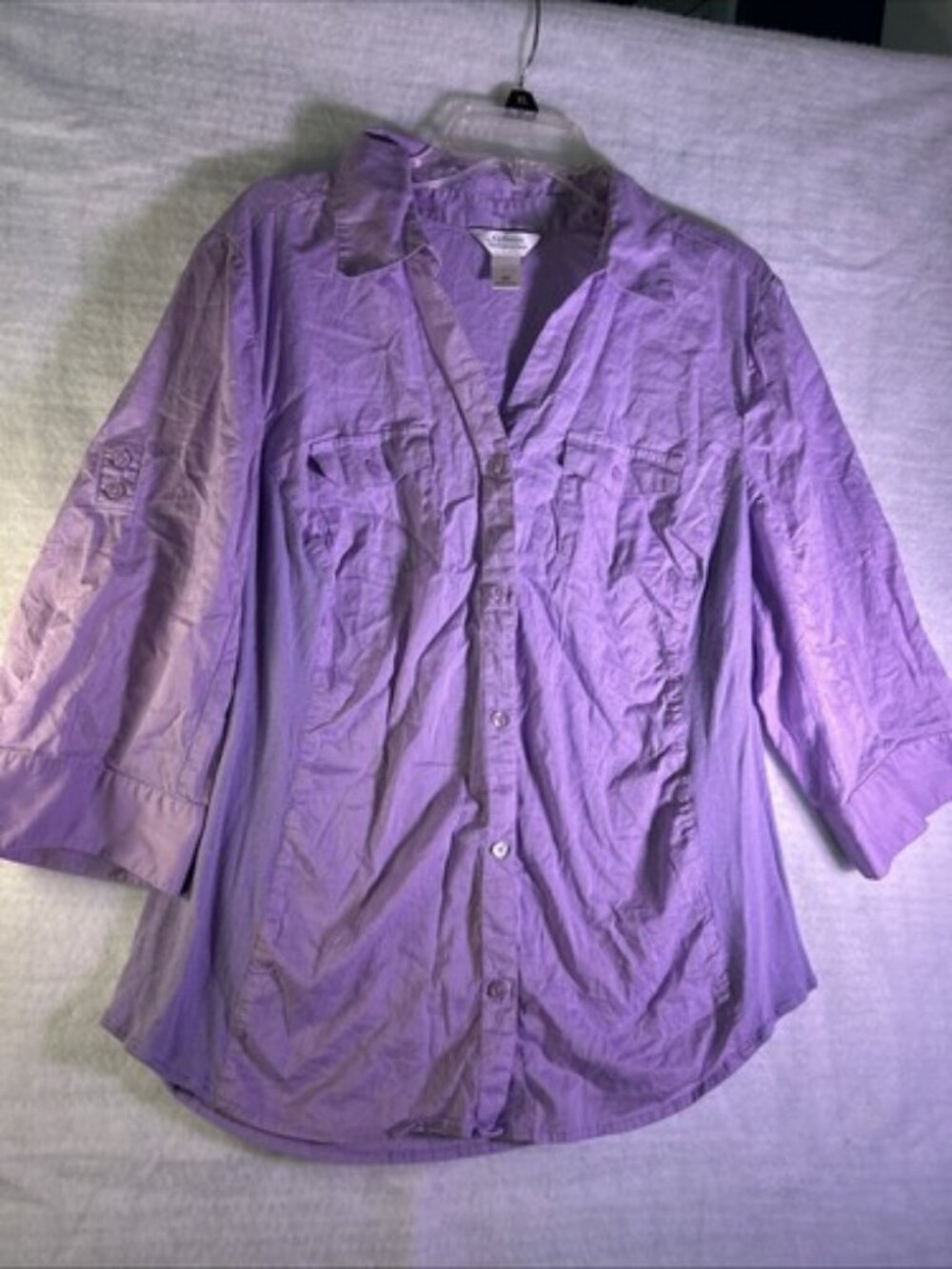 Cj Banks Shirt Blouse Women 2X Purple Button Collar 3/4 Sleeve Pockets